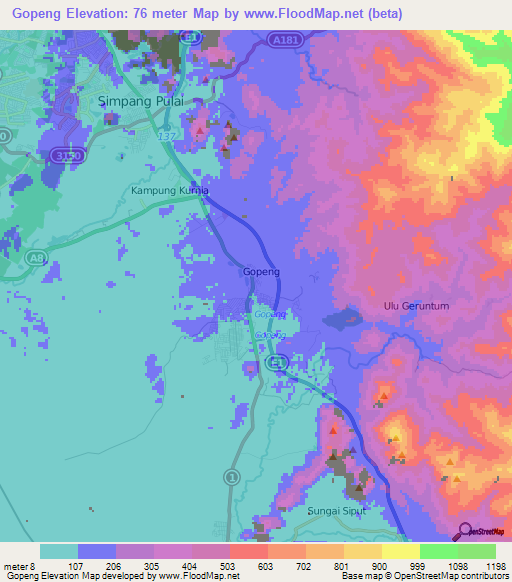 Gopeng,Malaysia Elevation Map