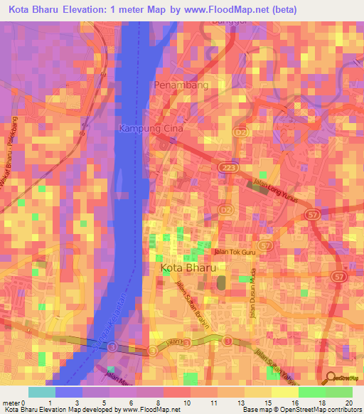 Kota Bharu,Malaysia Elevation Map
