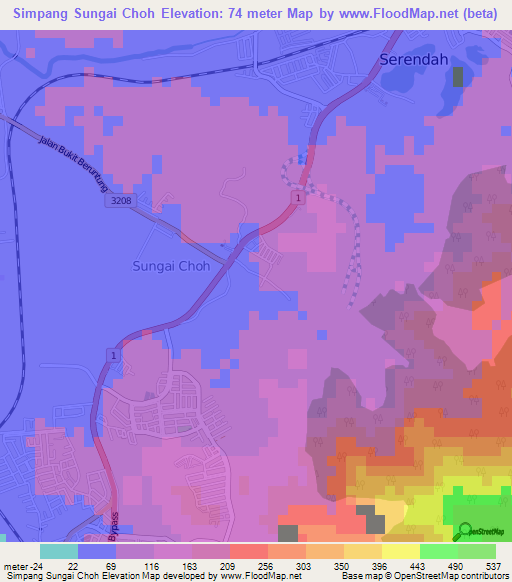 Simpang Sungai Choh,Malaysia Elevation Map