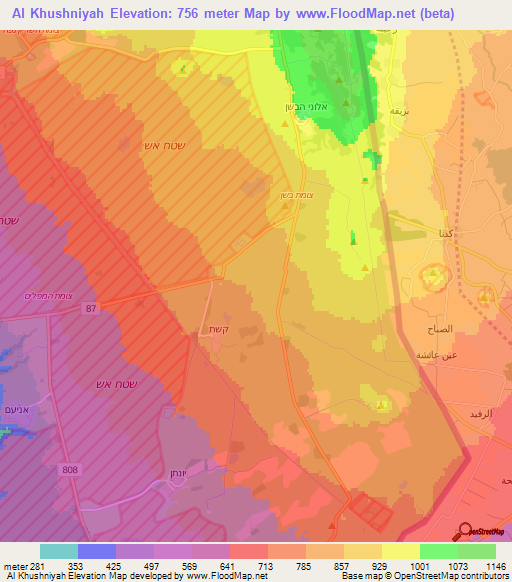 Al Khushniyah,Syria Elevation Map