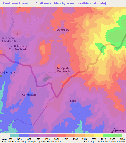 Bardzruni,Armenia Elevation Map
