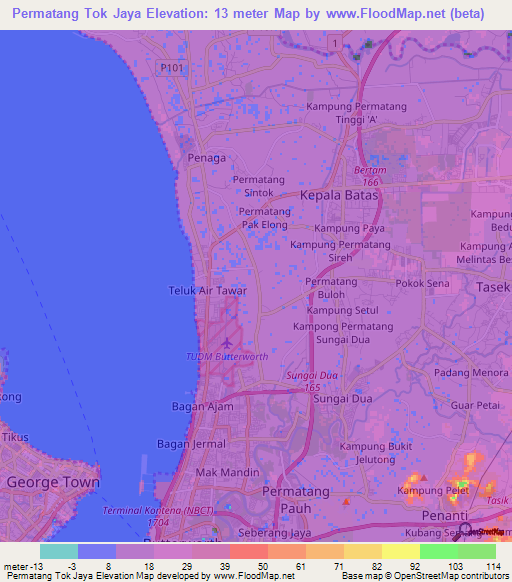 Permatang Tok Jaya,Malaysia Elevation Map