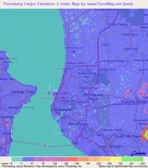 Permatang Lanjut,Malaysia Elevation Map