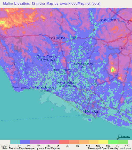 Malim,Malaysia Elevation Map