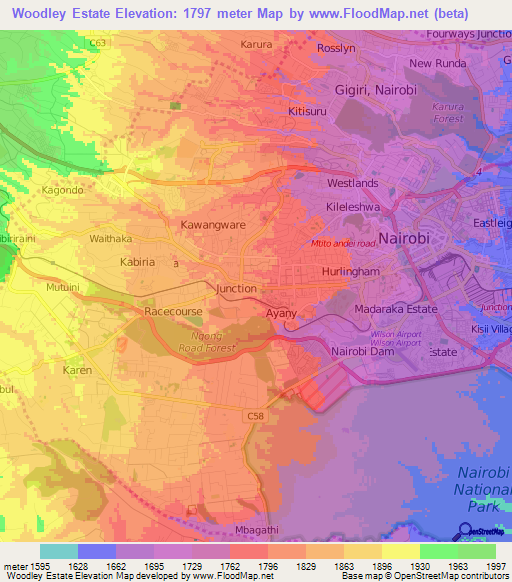 Woodley Estate,Kenya Elevation Map