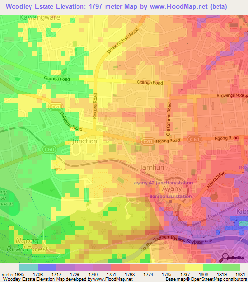 Woodley Estate,Kenya Elevation Map