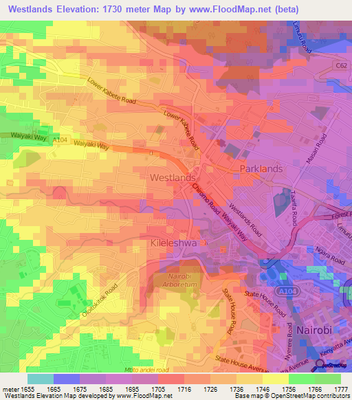Westlands,Kenya Elevation Map