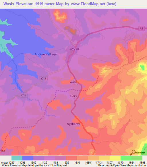 Wasis,Kenya Elevation Map