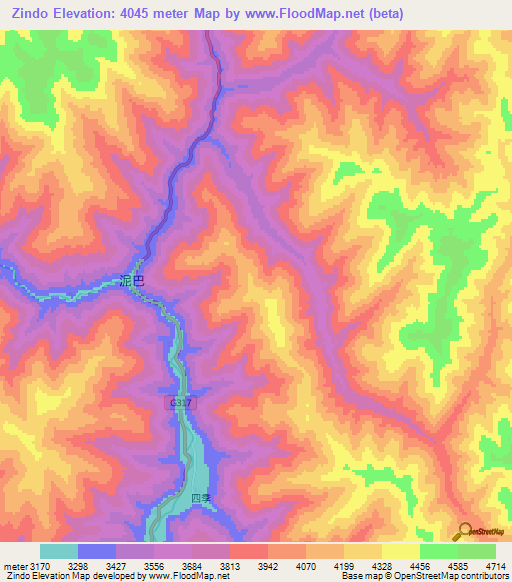 Zindo,China Elevation Map