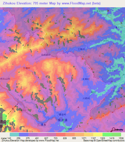 Zihukou,China Elevation Map