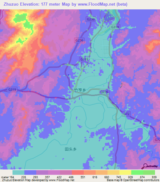Zhuzuo,China Elevation Map