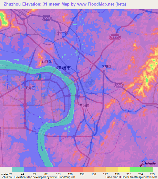 Zhuzhou,China Elevation Map