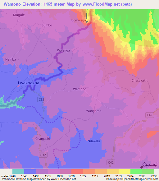 Wamono,Kenya Elevation Map