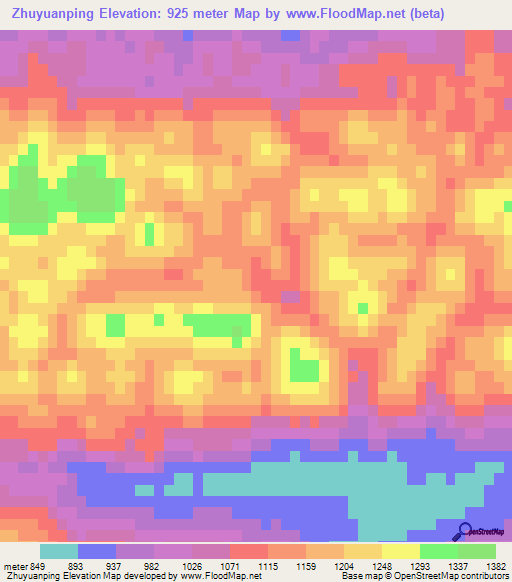 Zhuyuanping,China Elevation Map