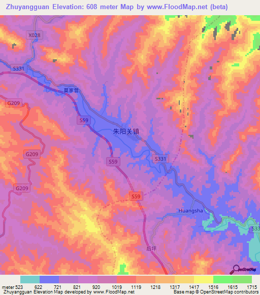 Zhuyangguan,China Elevation Map