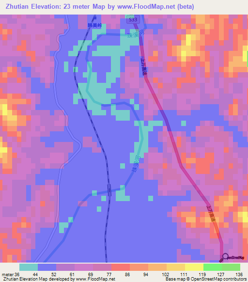 Zhutian,China Elevation Map