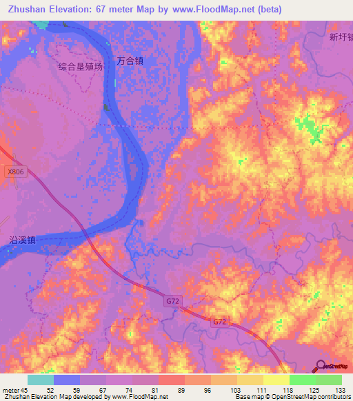 Zhushan,China Elevation Map