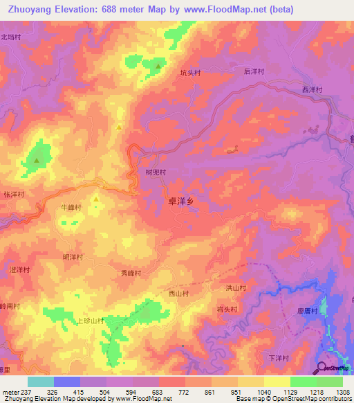 Zhuoyang,China Elevation Map