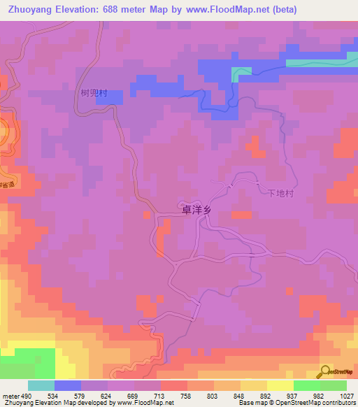 Zhuoyang,China Elevation Map