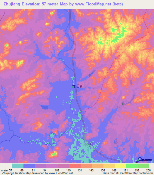 Zhujiang,China Elevation Map
