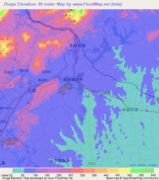 Zhuge,China Elevation Map