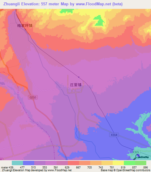 Zhuangli,China Elevation Map