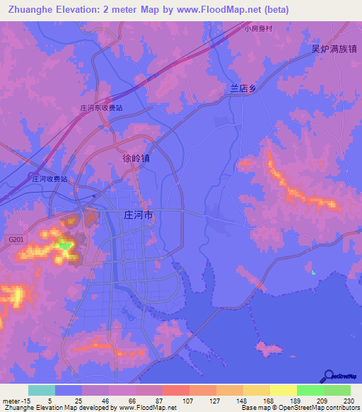 Zhuanghe,China Elevation Map