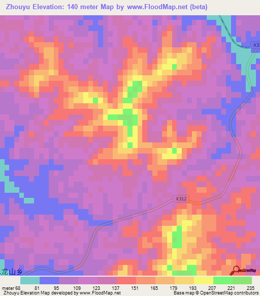 Zhouyu,China Elevation Map
