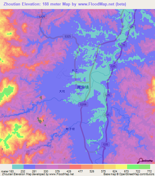 Zhoutian,China Elevation Map
