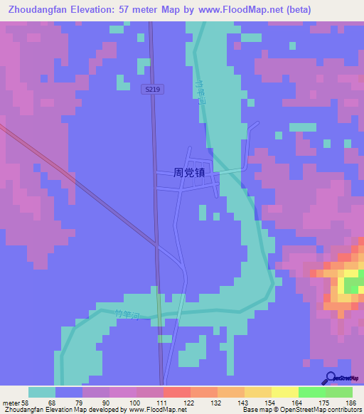 Zhoudangfan,China Elevation Map