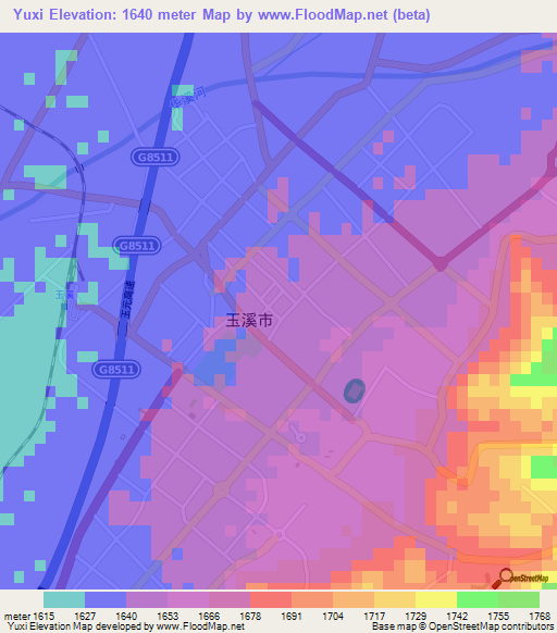 Yuxi,China Elevation Map