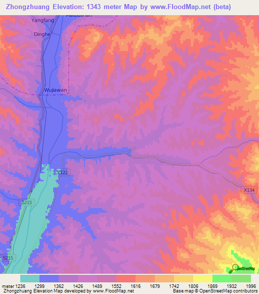 Zhongzhuang,China Elevation Map