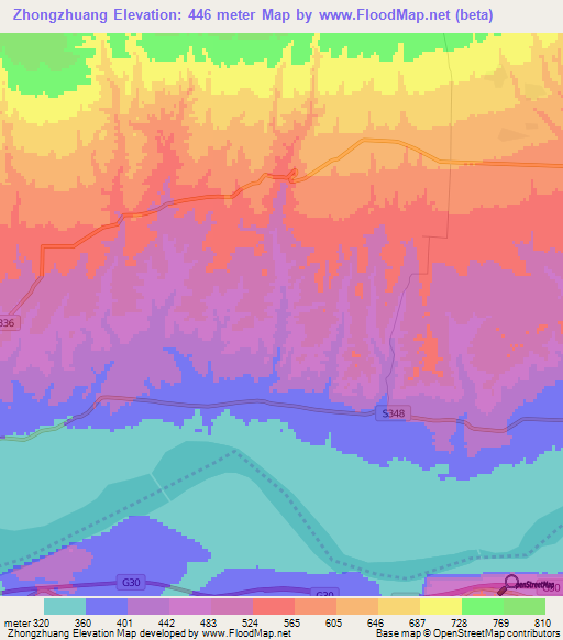 Zhongzhuang,China Elevation Map