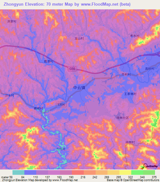 Zhongyun,China Elevation Map