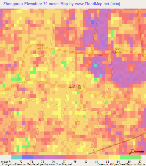 Zhongmou,China Elevation Map