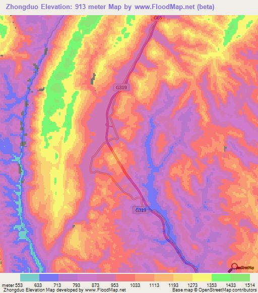 Zhongduo,China Elevation Map