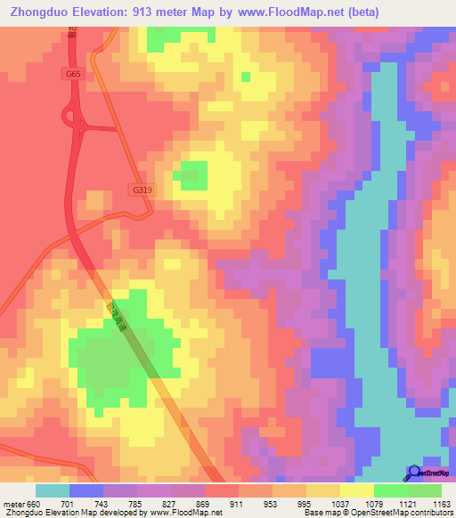 Zhongduo,China Elevation Map