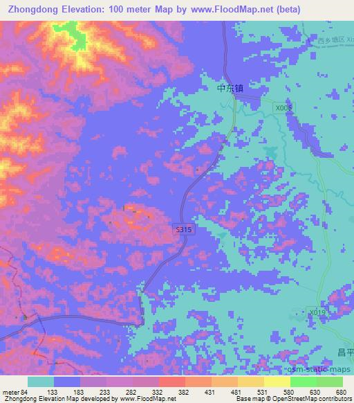 Zhongdong,China Elevation Map