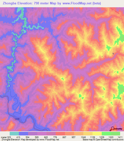 Zhongba,China Elevation Map