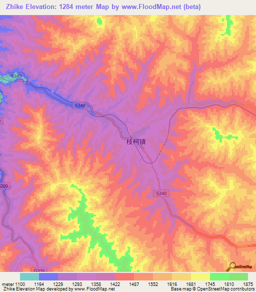 Zhike,China Elevation Map
