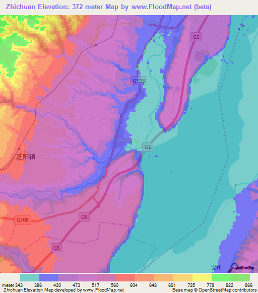 Zhichuan,China Elevation Map