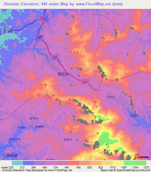 Zhentian,China Elevation Map