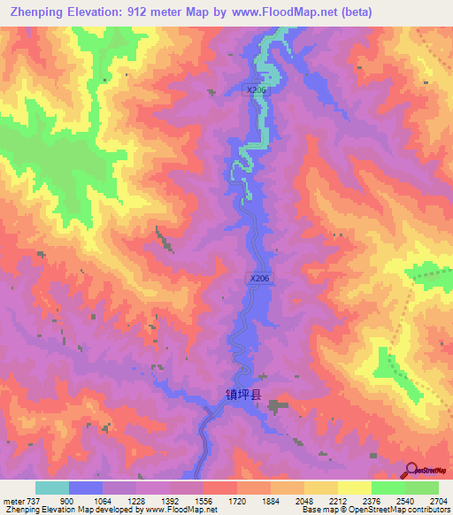 Zhenping,China Elevation Map