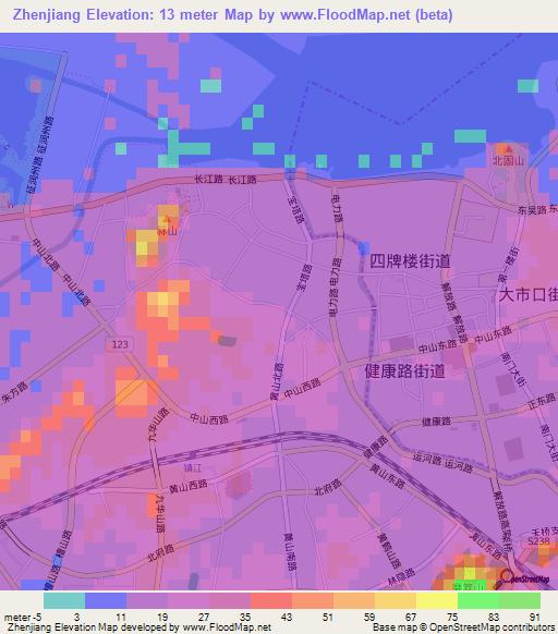 Zhenjiang,China Elevation Map