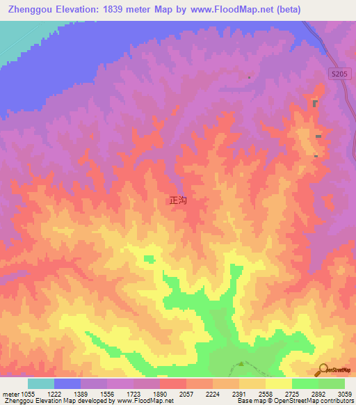 Zhenggou,China Elevation Map
