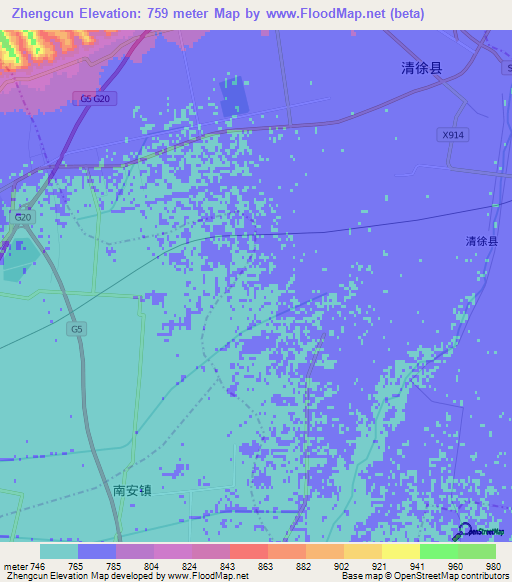 Zhengcun,China Elevation Map