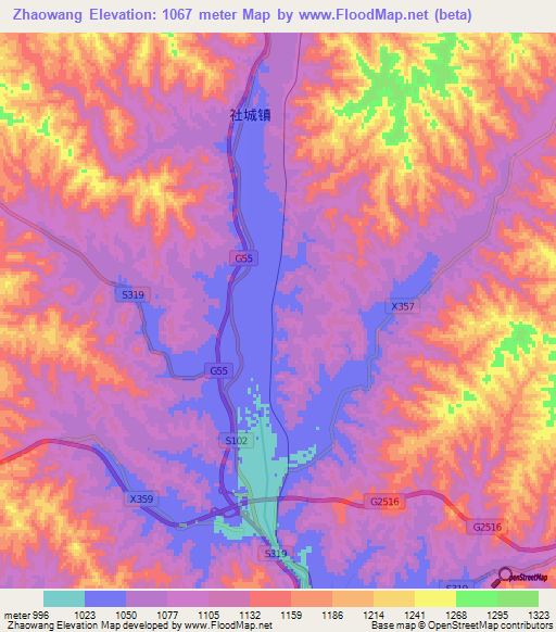 Zhaowang,China Elevation Map