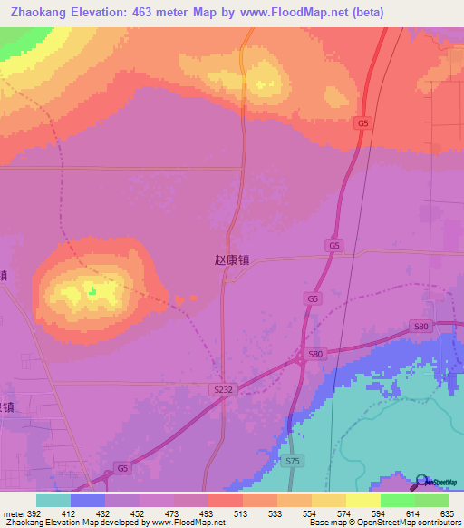 Zhaokang,China Elevation Map
