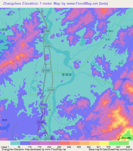 Zhangzhen,China Elevation Map