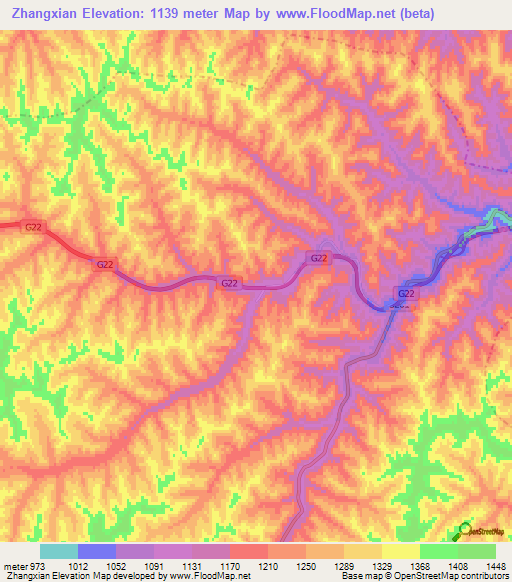 Zhangxian,China Elevation Map